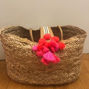 Pink, orange tassel straw beach bag / storage tote
